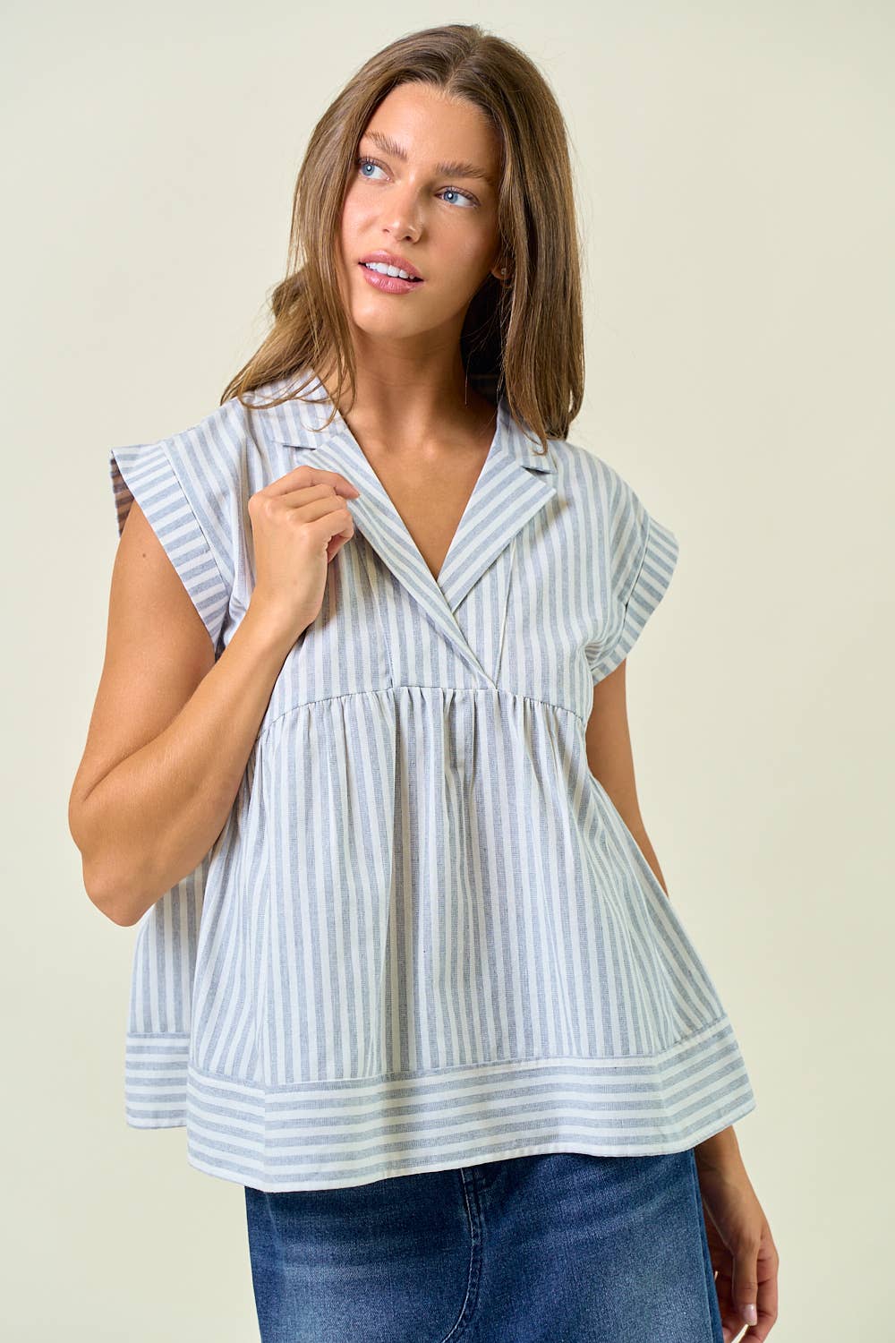 Striped Collar Neck Rolled-up Sleeve Top