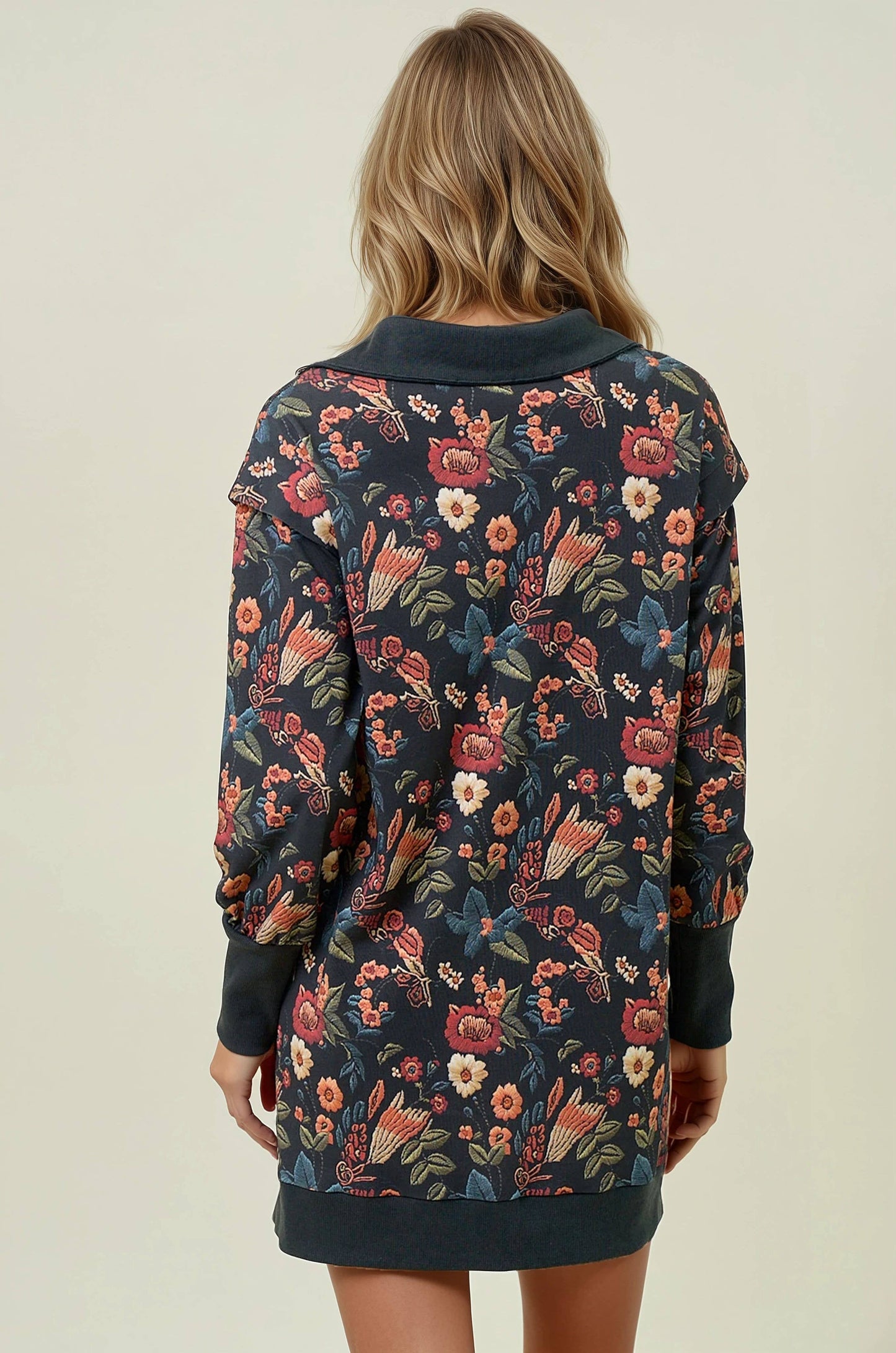 Floral Half Zip Up Sweatshirt Dress