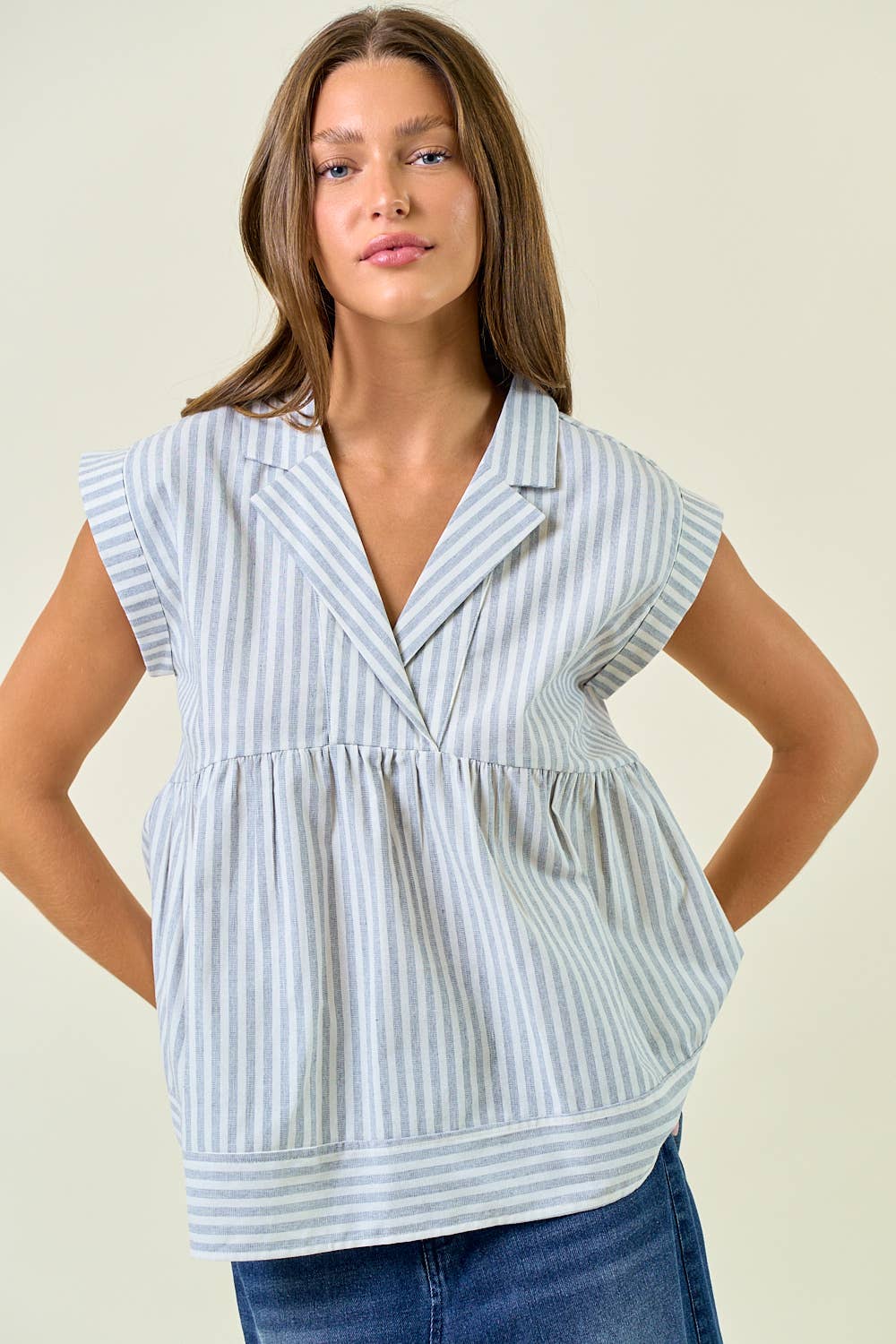 Striped Collar Neck Rolled-up Sleeve Top