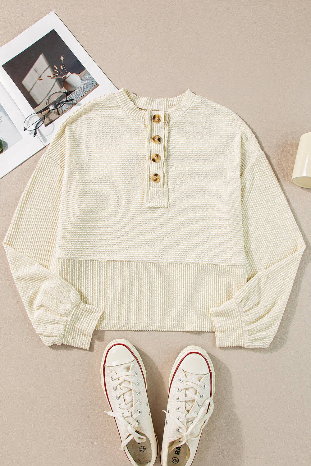 Waffle Knit Sleeve Pullover