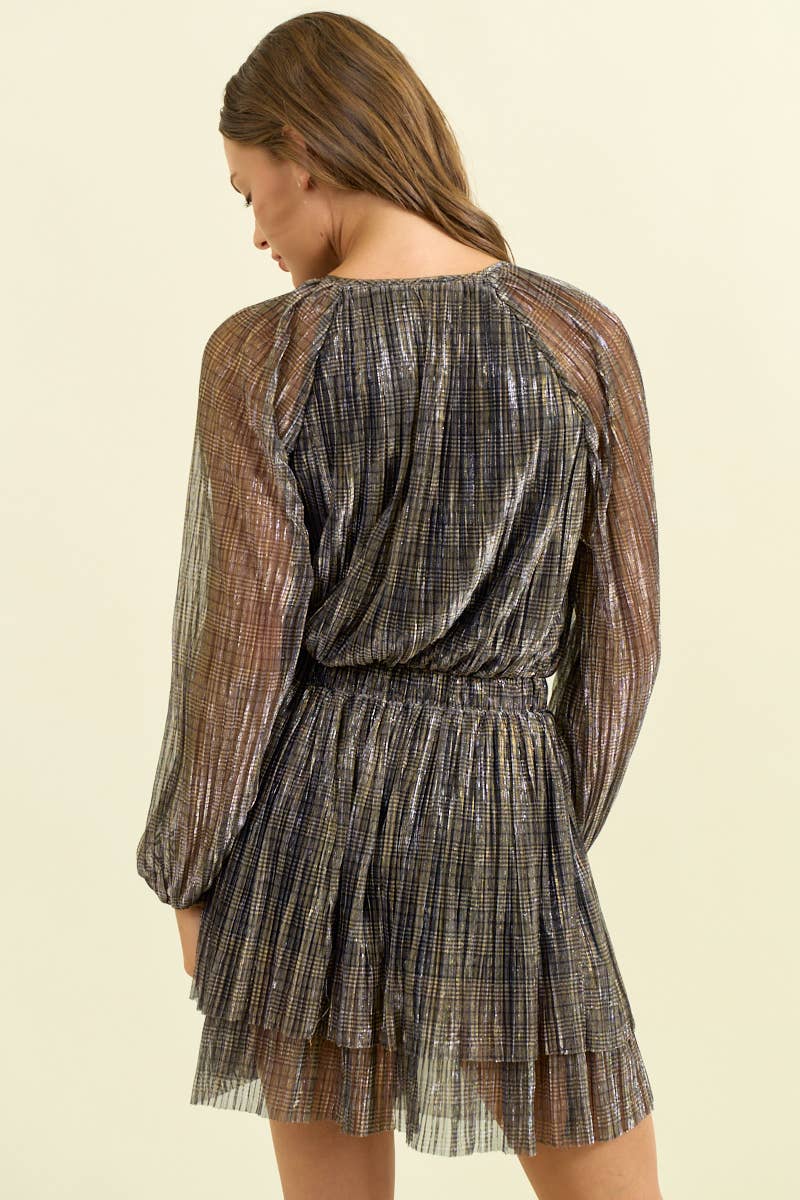 Pleated Plaid Lurex Tiered Mini Dress