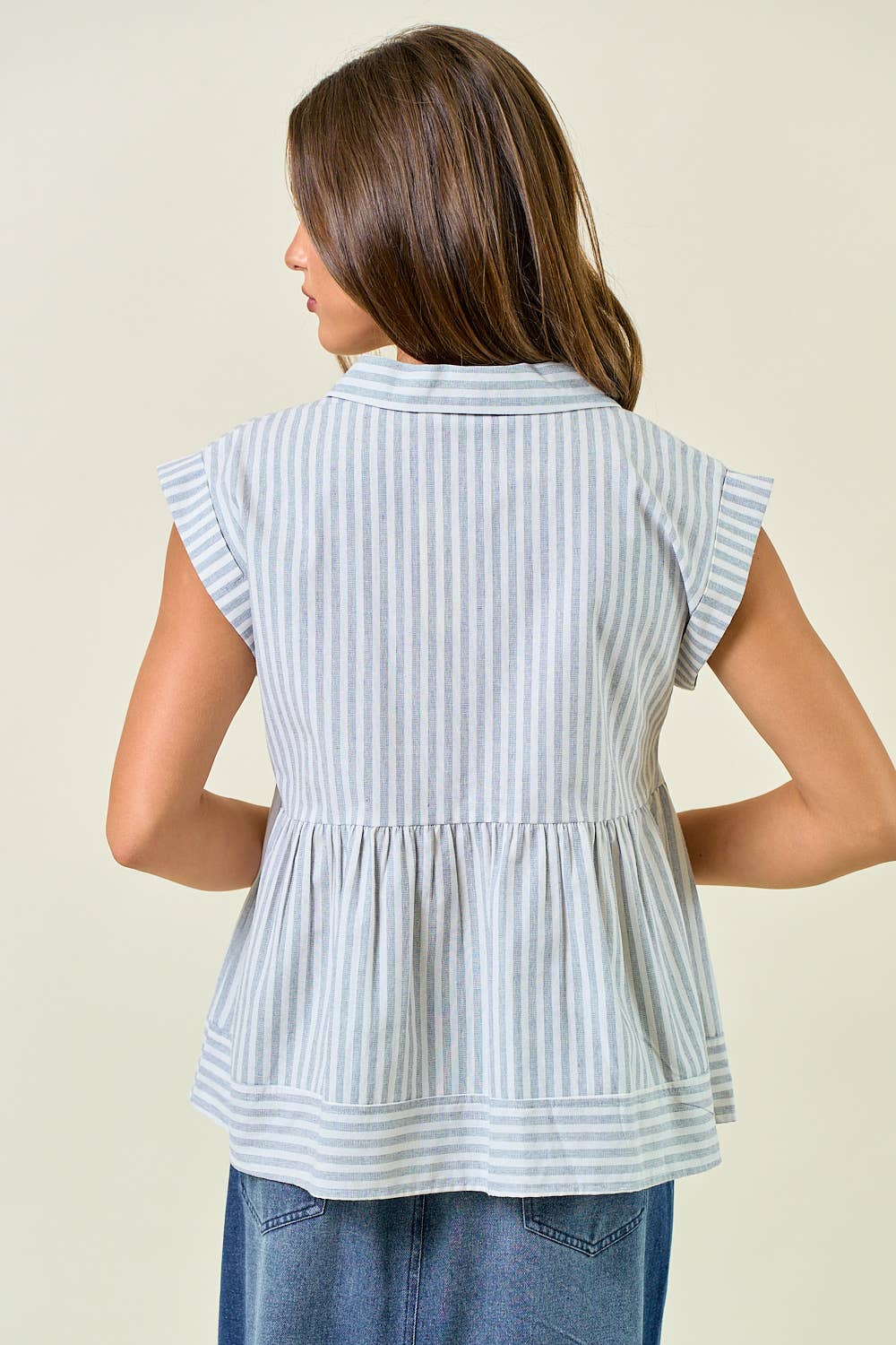 Striped Collar Neck Rolled-up Sleeve Top