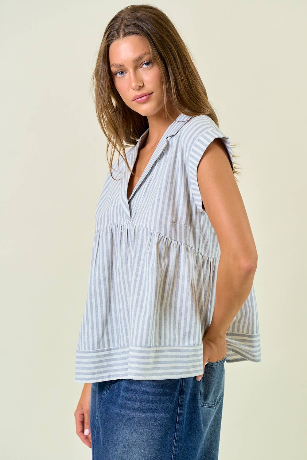 Striped Collar Neck Rolled-up Sleeve Top