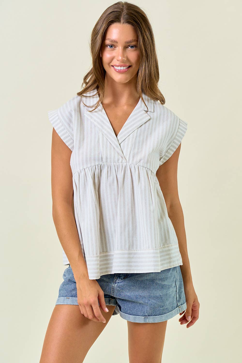 Striped Collar Neck Rolled-up Sleeve Top