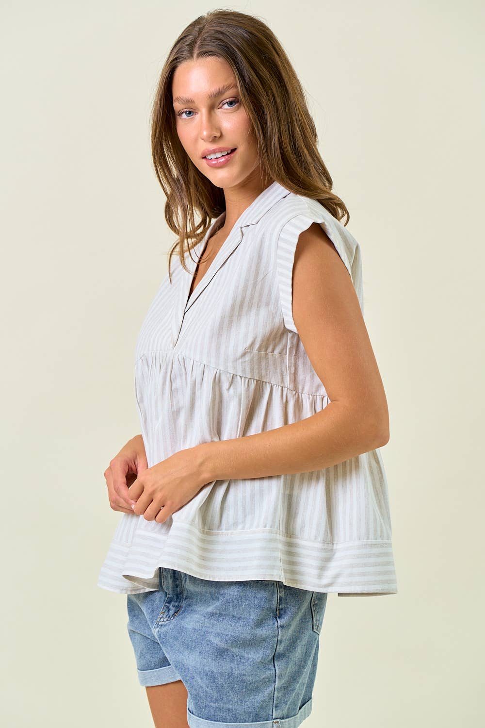 Striped Collar Neck Rolled-up Sleeve Top