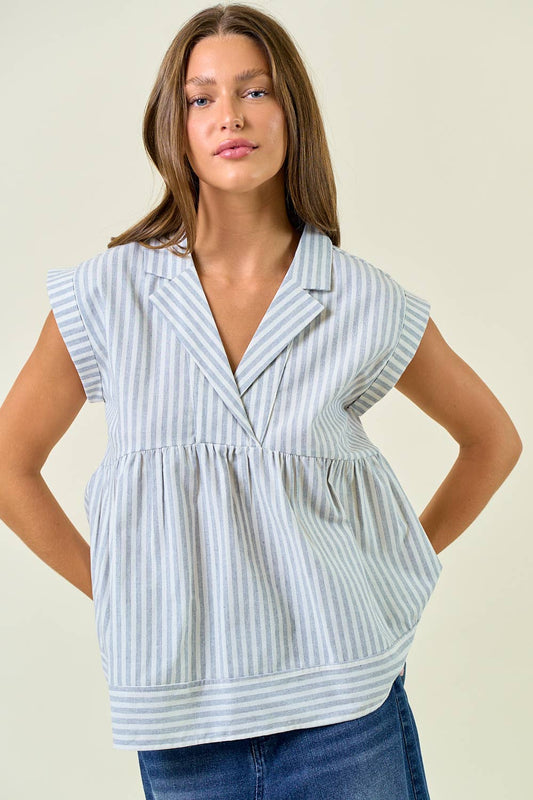 Striped Collar Neck Rolled-up Sleeve Top