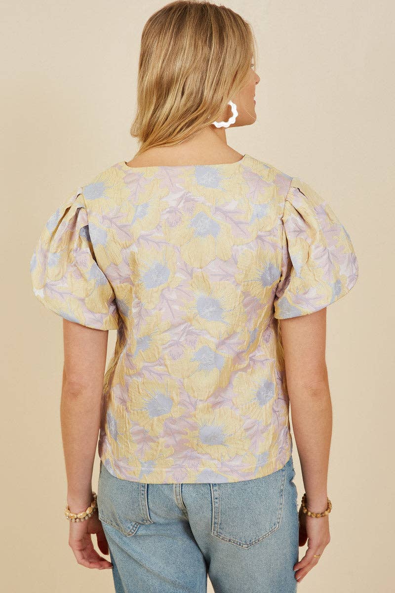 Floral Jacquard Puff Sleeve Top