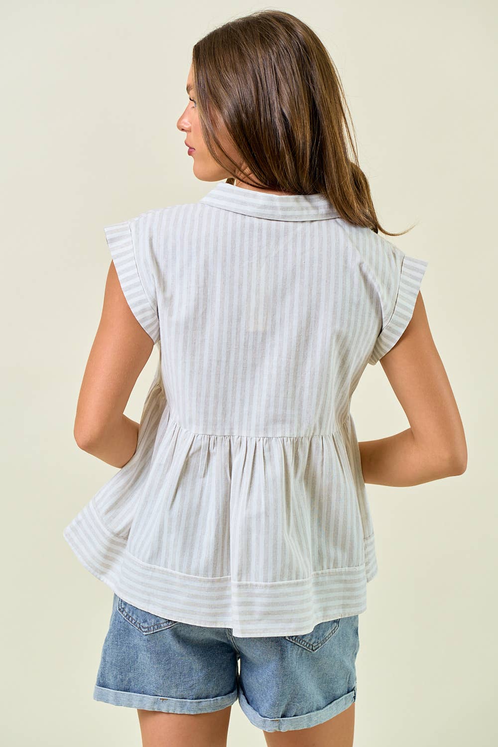 Striped Collar Neck Rolled-up Sleeve Top