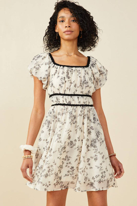 Womens Textured Monochrome Floral Contrast Piped Dress
