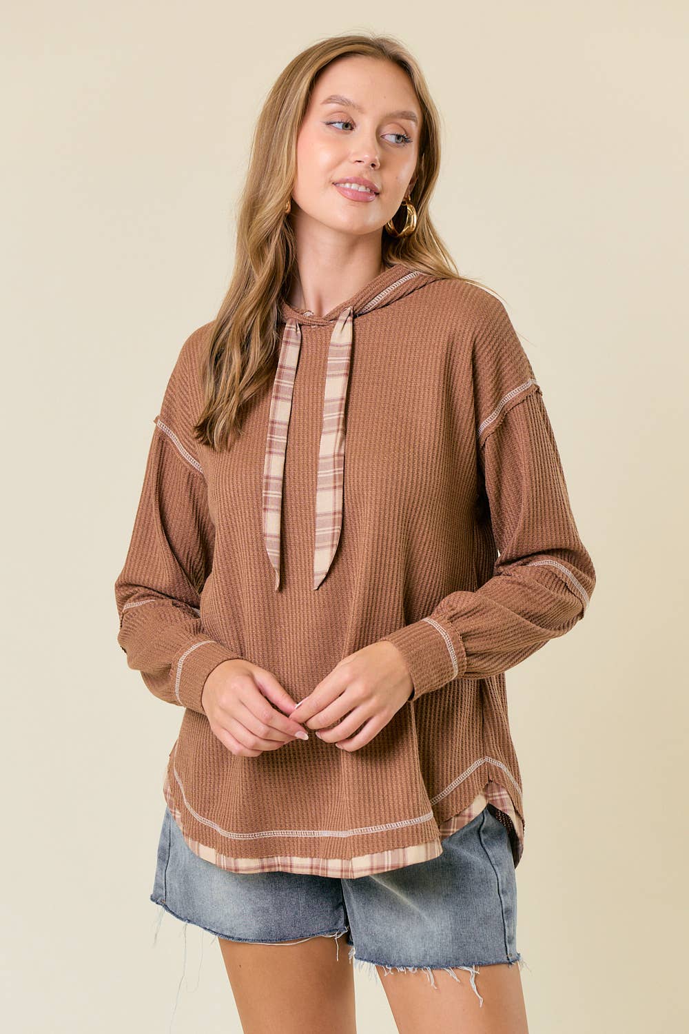 Waffle Knit Hooded Sweatshirt