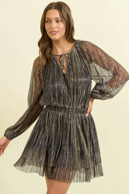 Pleated Plaid Lurex Tiered Mini Dress