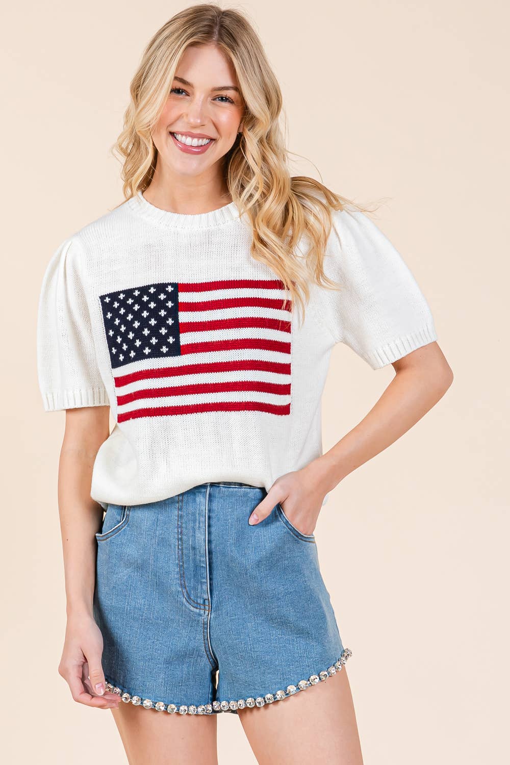 American Flag Short Sleeve Knit Top