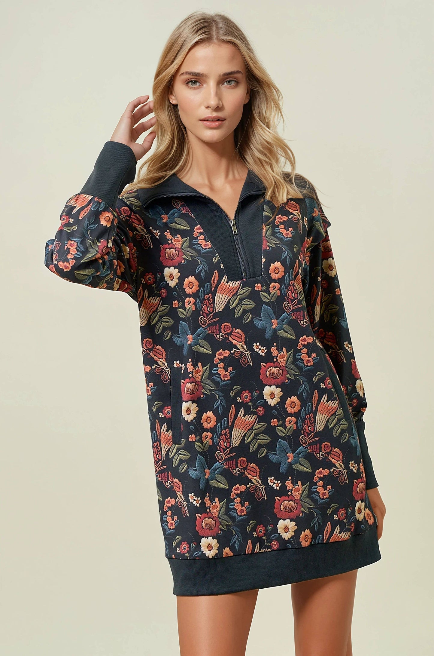 Floral Half Zip Up Sweatshirt Dress