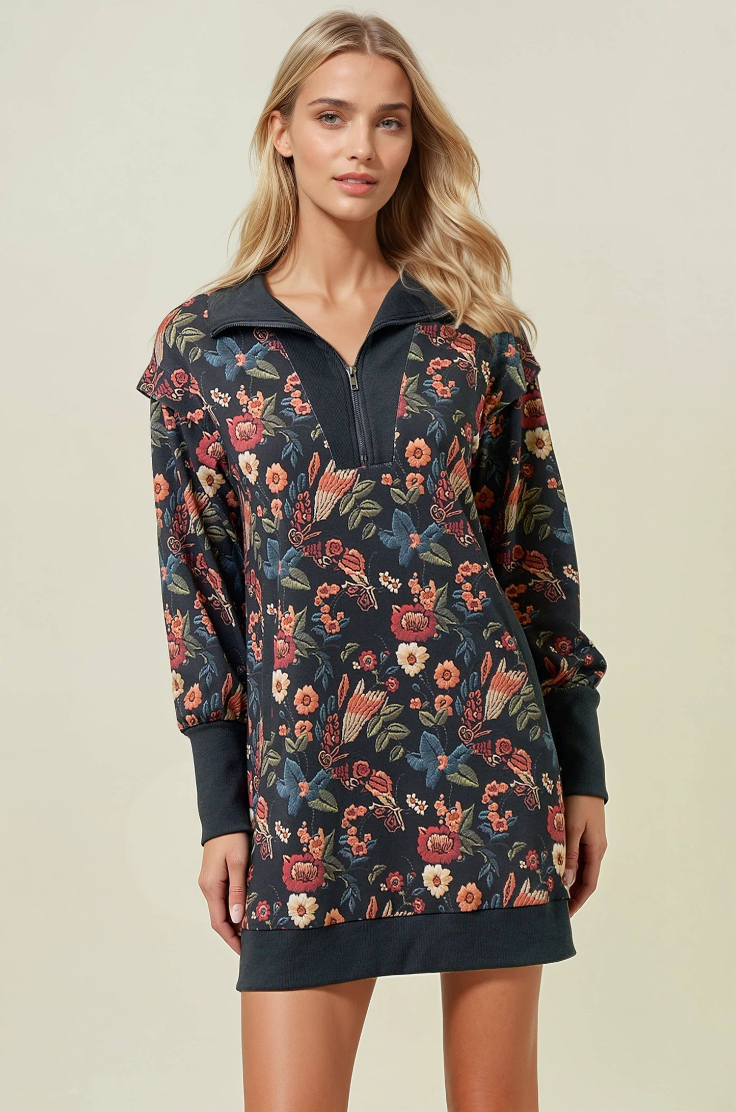 Floral Half Zip Up Sweatshirt Dress