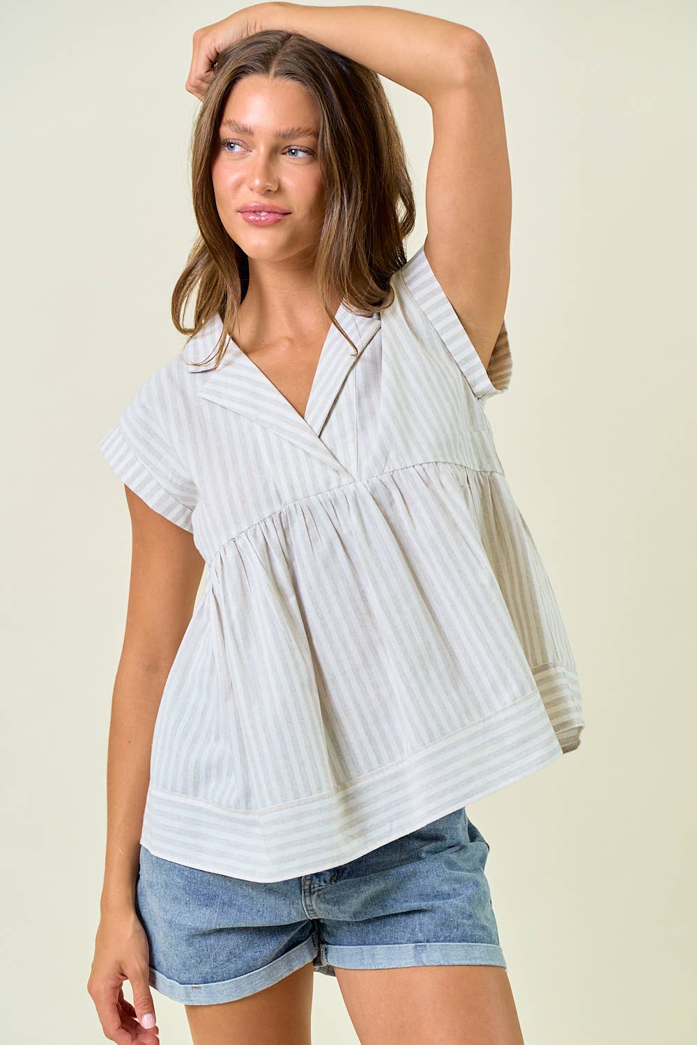 Striped Collar Neck Rolled-up Sleeve Top